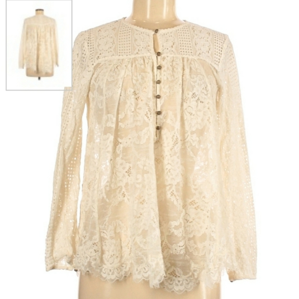 Anthropologie Floreat Eye-Lash Lace Tunic Top, Ivory, 0